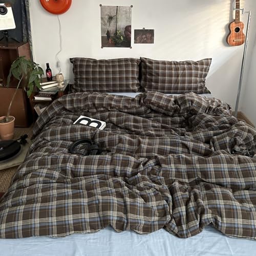 Image of Plaid Duvet Cover Set Queen Size 3 Piece Blue Brown Buffalo Plaid Comforter Cover Vintage Grid Checkered Pattern Soft Breathable Microfiber Bedding Set with Zipper Closure and 2 Pillowcases