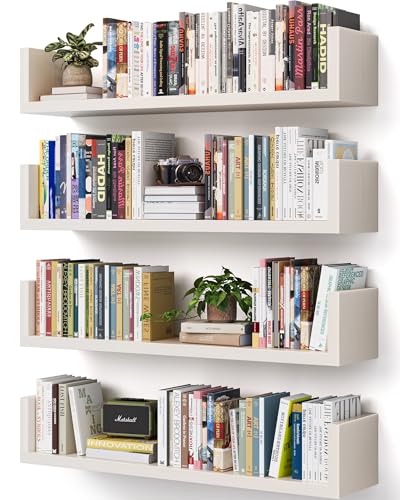 VMROF Wall Bookshelf Set of 4 U Shaped Floating Bookshelf Hanging Bookshelves for Wall Wall Mounted Shelves for Living Room Bedroom Office (White 17 Inches 4)