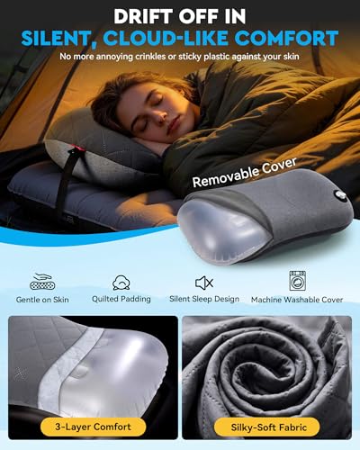 Image of Hikenture Camping Pillow with Removable Cover - Ultralight Inflatable Pillow for Neck Lumber Support - Upgrade Backpacking Pillow - Washable Travel Air Pillows for Camping, Hiking, Backpacking
