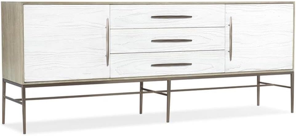 BOWERY HILL Modern Entertainment Console, 80 in x 18 in x 32.25 in, Oak Veneers, Taupe and Chalk Finish, 2 Doors with Soft-Close Hinges, 3 Drawers, Adjustable Shelves, Ventilated Back Panel for Media