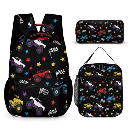 Backpack Bookbag Set Race Monster Truck Backpack with Lunch Bags and Makeup Bag Shoulder Bag with Lunch Box Storage Bags