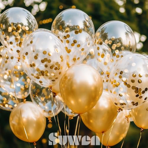 Image of SUWEN Metallic Gold and Confetti Balloons Set 47PCS Latex Helium Chrome