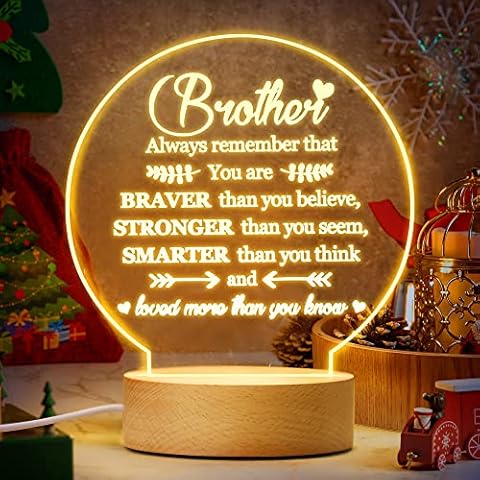 Tuanse Gift of Brother, Engraved Acrylic Night Light with USB, Christmas Birthday Gifts for Brother, Always Remember You are Braver Than You Believe Night Lamp with Gift Box(Brother) Cover
