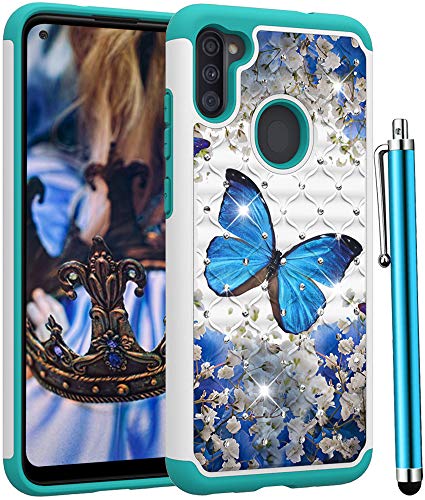 CAIYUNL for Galaxy A11 Case,Bling Glitter Sparkle Studded Rhinestone Shockproof Hybrid Heavy Duty Protective Phone Case Silicone &Hard PC Cover Girls Women Men for Samsung Galaxy A11-A Blue Butterfly