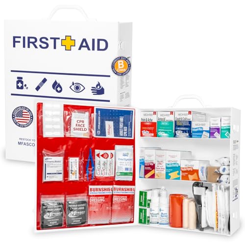 MFASCO 2021 ANSI/OSHA Compliant First Aid Kit - Large, Commercial 3-Shelf Metal Cabinet for Businesses, Wall Mountable - with Medications - ANSI Standard 2021 First Aid Kits, Class B Fill