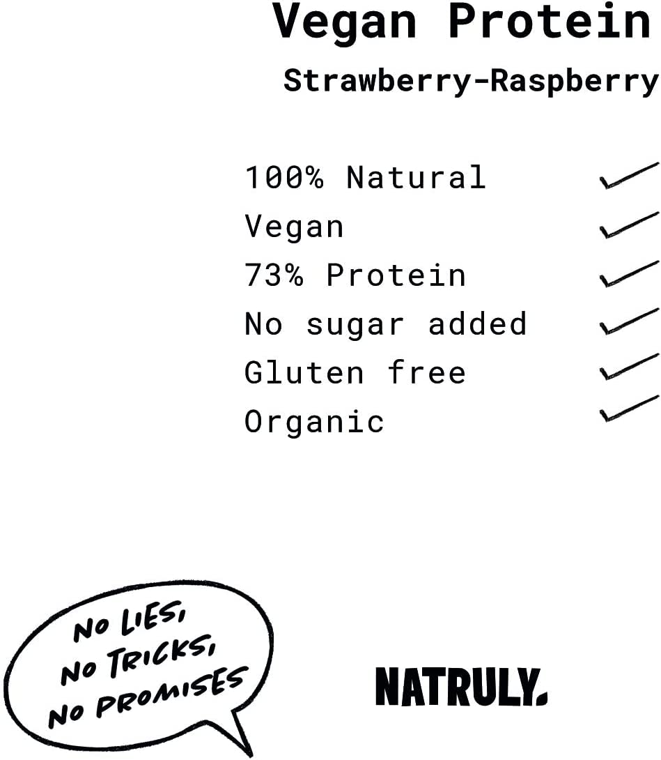 NATRULY Protéine Vegan BIO Fraise et Framboise, 90% Protéine, 100% Naturel Sans Sucre, Sans Gluten, Sans Lactose -350g