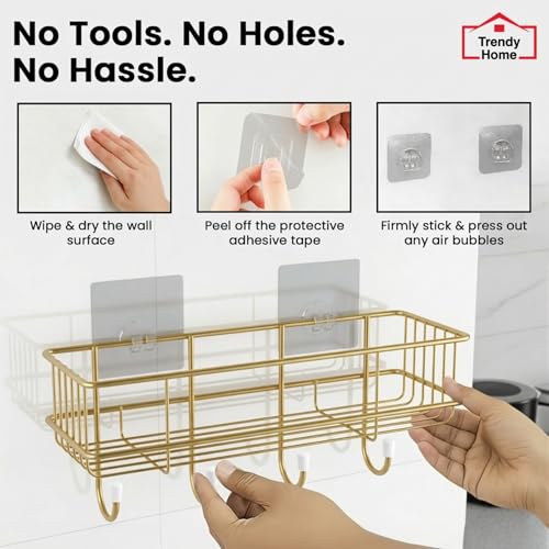 Image of Trendy Home Self Adhesive Bathroom Shelf Organiser, Drill-Free Wall Rack | with Magic Stickers & 4 Hooks, Rust-Proof Storage Shelf for Bathroom, Gold