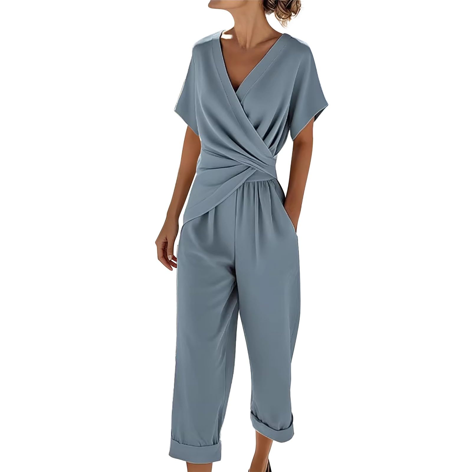 Set Damen Outfit Zweiteiliges Damen-Outfit: Wickeloberteil Mit V-Ausschnitt Und Cropped-Hose, Lässiges - Für Den Festliche Damenmode Hose Oberteil Sommer Sport Fitness 2 Teiler Elegant