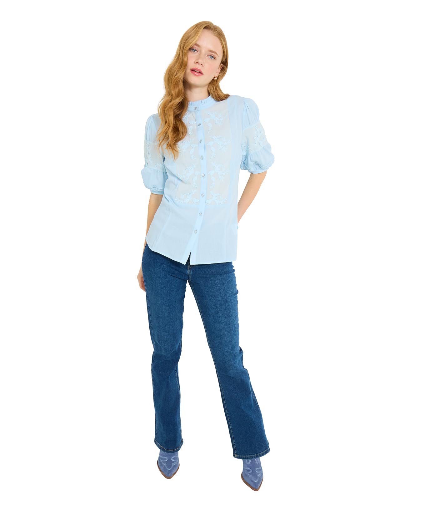 Joe Browns Women's Frilly Neck Broderie Embroidered Blouse, Regular, Blue, UK 16