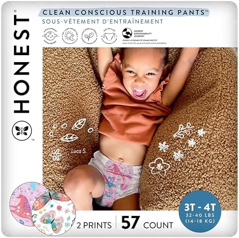The Honest Company Clean Conscious Training Pants for Sensitive Skin | Hypoallergenic, Fragrance Free | Magical Moments + Butterfly Kisses | Size 3T/4T (32-40 lbs), 57 Count