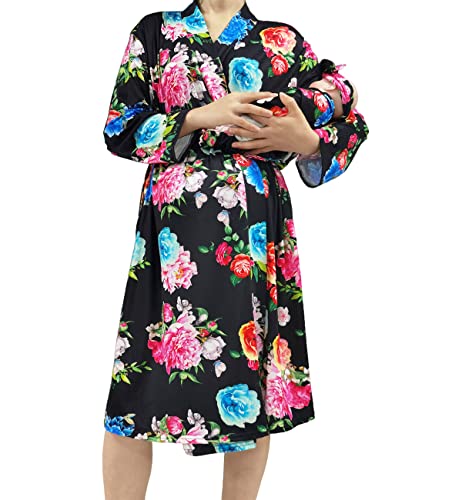 Image of SUFEINI Maternity Robe and Matching Baby Swaddle Blanket Set, Mommy Robe with Receiving Blanket Girls Boys Sleepwear