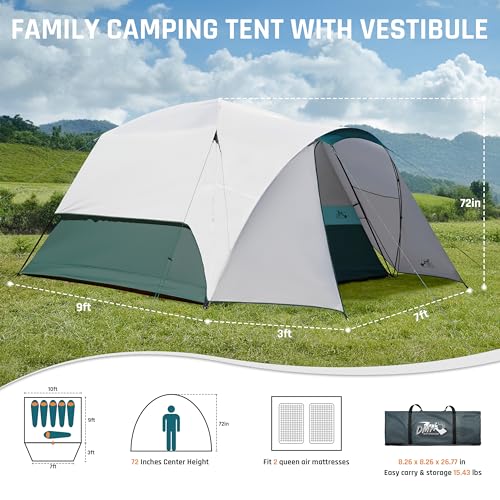 6 Person Camping Tent with Porch, 10'x9' Large Family Tents for Camping, Big Dome Tents Includes Rainfly, Easy Setup Tent for Outdoor Camping Picnic Backyard - Thumbnail 4