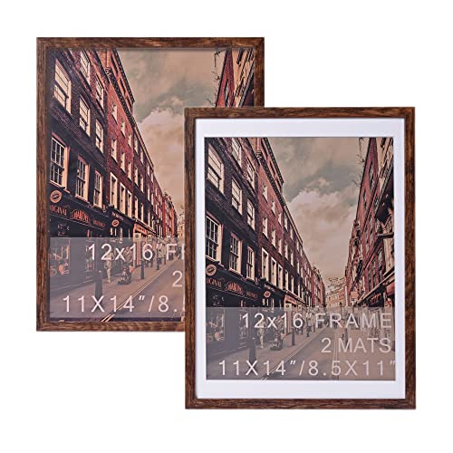 MONT PLEASANT 12x16 Picture Frame 2 Pack,Farmhouse Decor, Distressed Display Pictures 11x14 or 8x10 Diplomas with Mat, Wooden Distressed Photo Frames For Wall Mounting Family Lover Gift (Brown)