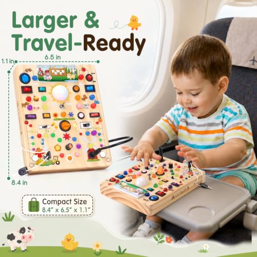 Image of Busy Board with LED Light Switches, Montessori Toys for 1 2 3 Years Old, Toddlers Wooden Toy Sensory Activity Board, Travel Toys for 1+ Year Old Boy & Girl Birthday Gift (Farm 19 Switches)