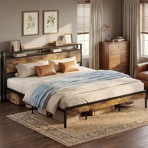 Image of LIKIMIO King Size Bed Frame with 2-Tier Storage Shelf Headboard | Dark Wood Platform Bed, Camas King with Strong Metal Supports, Sturdy, Noise-Free, No Box Spring Needed, Brown