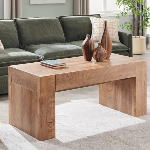OKD 48' Modern Farmhouse Coffee Table, Wooden Living Room Table with Hidden Storage Drawer, Rustic Rectangular Center Tables w/Wood Thick Design for Living Room, Office, Light Knotty Wood