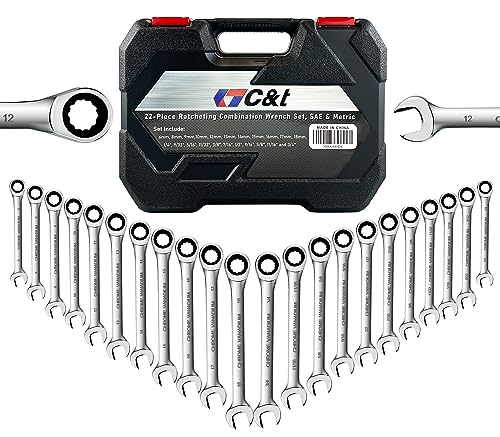 Comparativas de Carraca bebe tabla con los diez mejores. 35 C&T Juego de llaves combinadas de carraca de 22 piezas, SAE y métrico, 72 dientes, acero CR-V, 1/4'-3/4' y 6-18mm, juego de llaves de carraca con caja organizadora