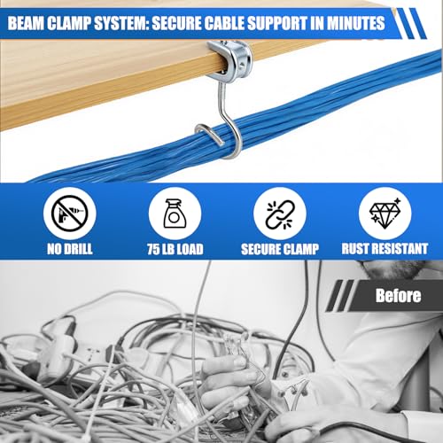 Image of Podoy 1 /4 inch x 20 Beam Clamps with 1-1 /4 inch Bridle Rings, 50 Sets | Steel Cable Support Hangers for I-Beam Flanges, Low-Voltage Wire and Pipe, No-Drill Mounting, Rated Up to 75 lb