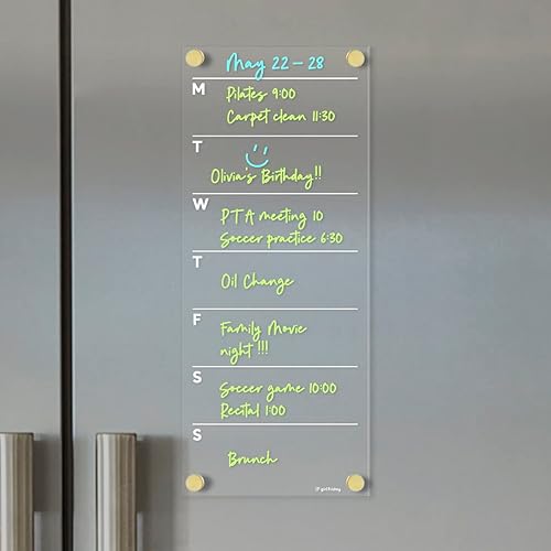 Magnetic Acrylic One Week Calendar for Fridge, WetDry-Erase Board for Refrigerator, Includes Magnetic Wet-Erase Marker, Optional Color Marker Set