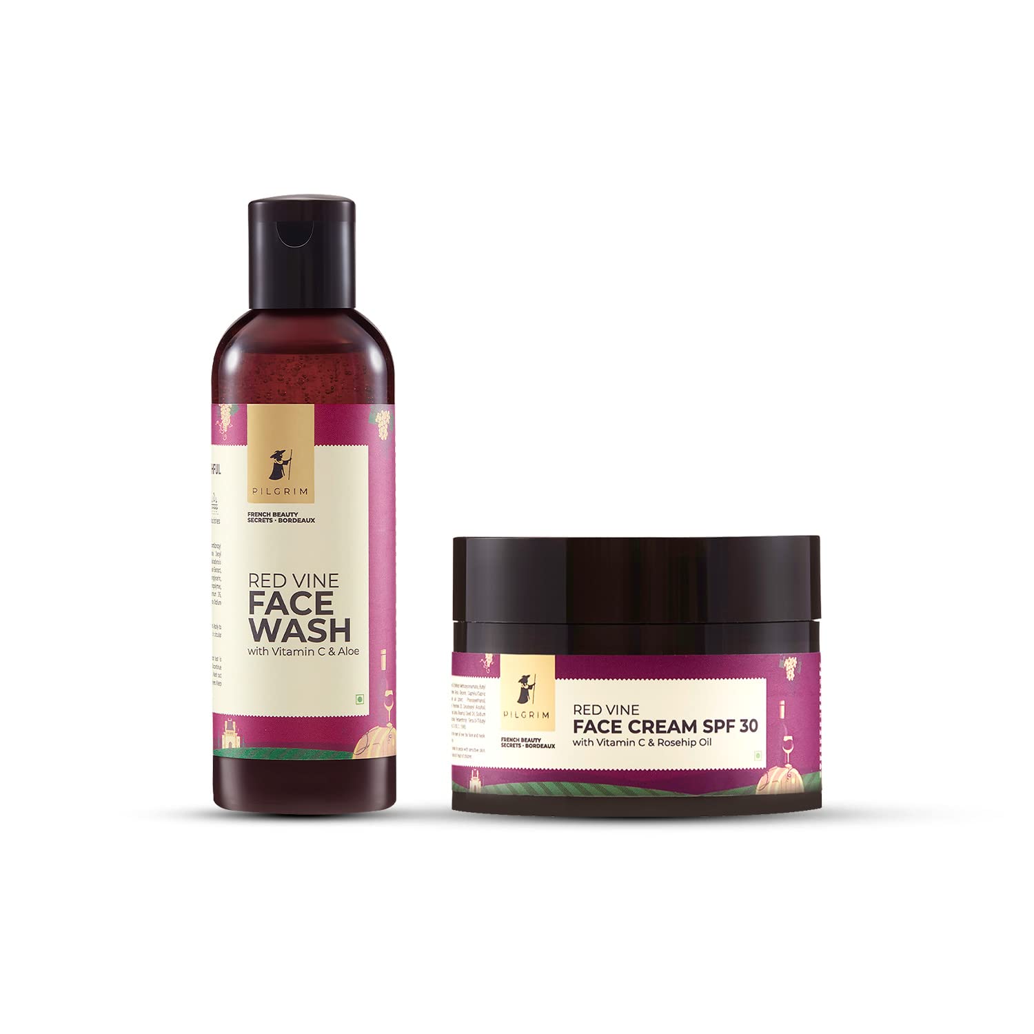 Pilgrim Vino Basic Face Care Combo | Deep Cleansing, Moisturising | Reduces Pigmnetation | Red Vine Extract Face Wash 100ml, Day Cream SPF 30 50gm | All Skin type | Men & Women