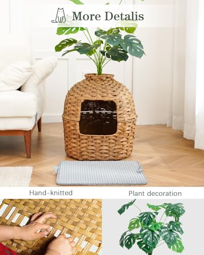 Image of SETVSON Cat Litter Box Enclosure Plant Cat Litter Box Furniture with Artificial Plants, Large Hidden Handwoven Rattan with One Mat, Odor Control Filter, PVC Film, Real Stones, Stylish Decor, Natural