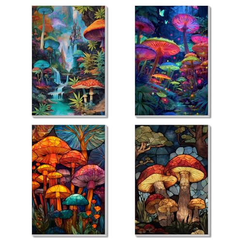 obterie 4 Pack Framed Paint by Numbers Kit for Adults Beginner Canvas Painting by Numbers for Adults Mushroom Easy Adult Paint by Number Kits with Frame Forest Watercolor Painting by Number 8x12 Inch