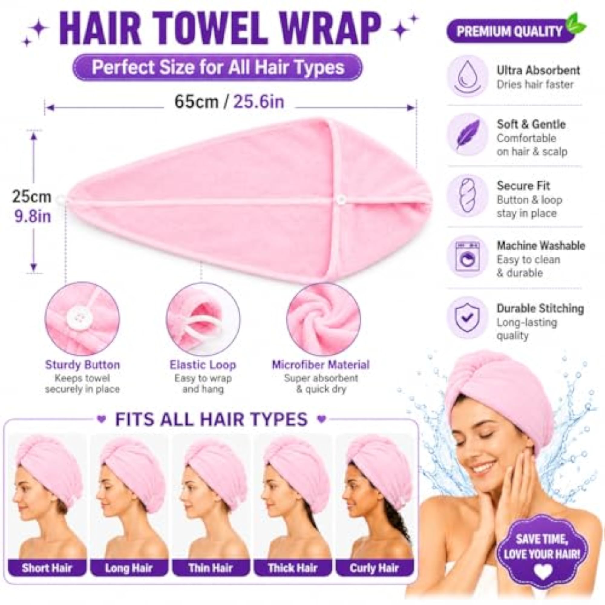 Pink Microfiber Hair Turban Wrap with Button