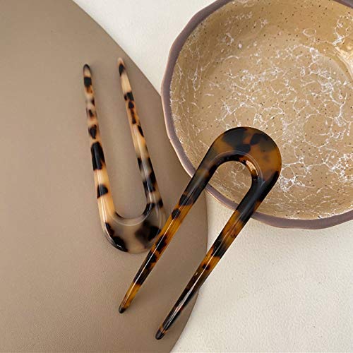 2 Pack Benefree French Style Cellulose Acetate Tortoise Shell U Shaped Hair Pins Fork 2 Prong Updo Chignon Pin For Women Girls Hairstyle Accessories（Tortoiseshell And White Tortoiseshell) #TOP1