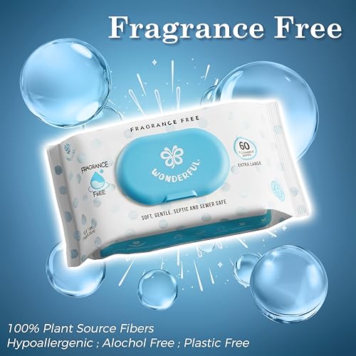 WONDERFUL Flushable Wipes, Unscented 100% Plant-Based Wet Butt Wipe for Adults & Kids, Sewer Septic Safe, Gentle for Sensitive Skin, Wipes Flushable Pack for Bathroom & Travel, 6-Pack (360 Counts)