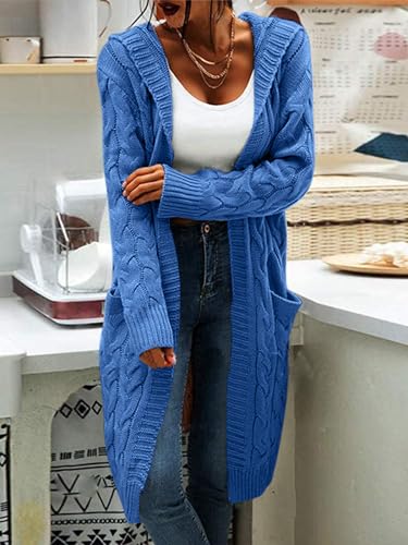 Image of Bwogeeya Women Hooded Long Cardigan Cable Knit Open Front Sweaters Solid Color Chunky Sweater Coats
