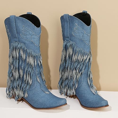 Fringe Denim Cowboy Boots Chunky Heel Tassel Cowgirl Boots Low Heel Mid Calf Western Boots4
