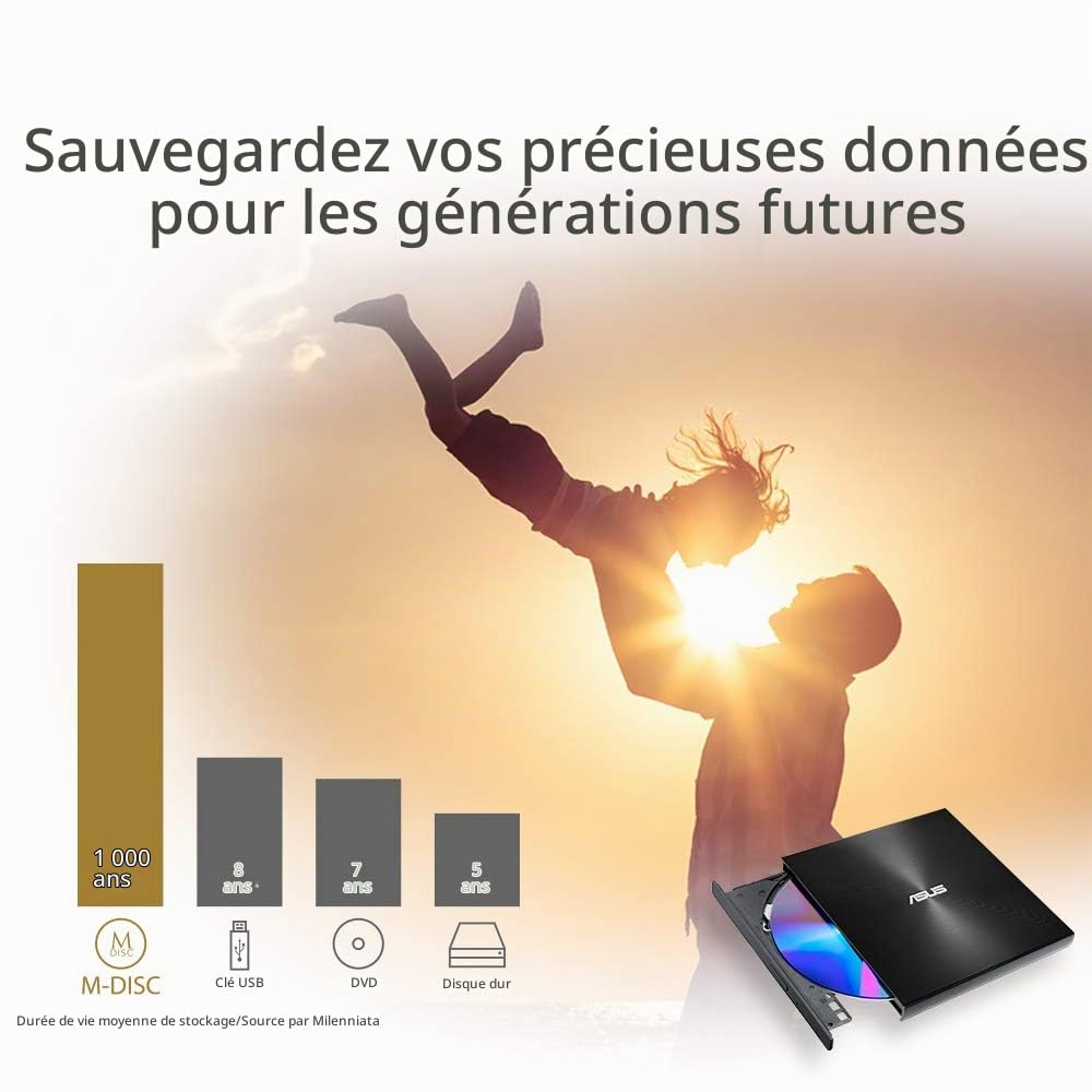 ASUS ZenDrive U9M Noir (SDRW-08U9M-U) – Lecteur Graveur CD / DVD x8 ultra-compact, M-Disc supporté, compatible avec USB 3.0 Type-C & Type-A pour Windows & Mac OS