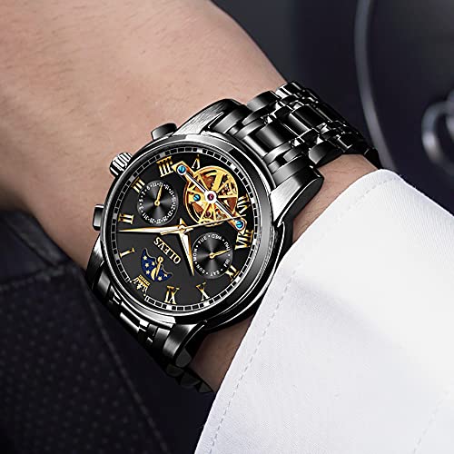 Image of OLEVS Skeleton Watch for Men Stainless Steel Chronograph Watch for Men Classic Waterproof Mens Watches with Date Luxury Business Men's Analog Wrist Watches, relojes para Hombres Blue /Black /Gold /White