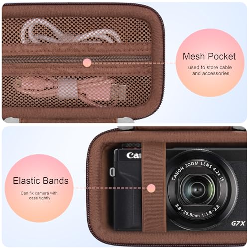 Image of Case for Canon PowerShot G7 X Mark III / G7 X Mark II / SX740 Digital Camera | Canon PowerShot G7 X Mark III / G7 X Mark II /G7 X / SX740 HS Camera Carrying Case, Mesh Pocket fits Camera Accessories, Brown