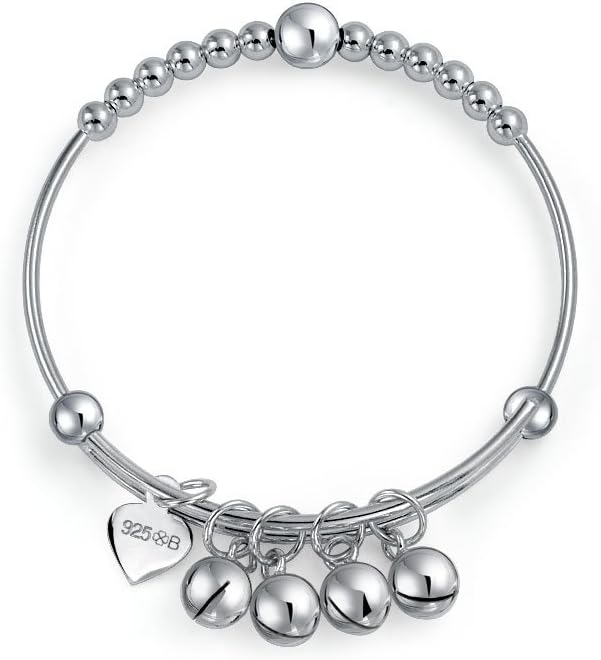 Tiny Round Ball Beaded Dangle Charm Bangle Dainty Bracelet For Women .925 Sterling Silver For Small Wrists 6.75 Inches