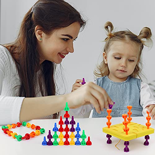 Image of Rainbow Pegs and Board Deluxe 200pc Set, Montessori Baby Toys, Stacking and Lacing Pegs, Baby and Toddler Toys, Play and Learn STEM Toy, Fine Motor Skills, Ages 3+