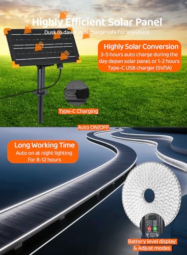 Image of Gaoxun 32.8ft Solar LED Strip Lights Outdoor, 640 LED, Cool White Flexible Rope Light with Remote Control, Dimmable, 8 Modes, IP68 Waterproof Self-Adhesive Accent Lighting for Patio Pool Stair Decor
