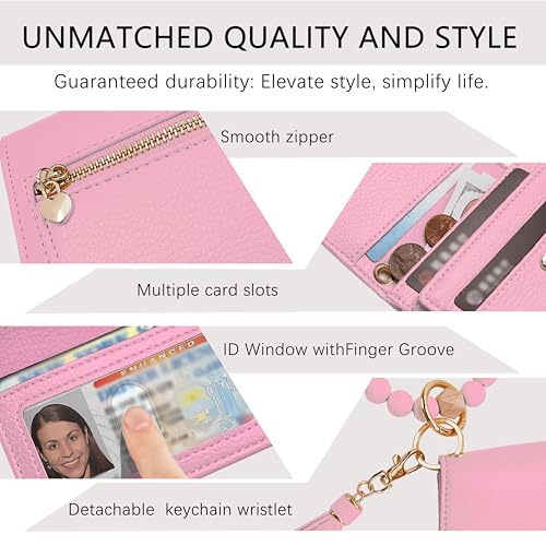 Image of Keychain Wallet for Women,RFID Wristlet Wallet with Beaded Strap | Tri-Fold Design,6 Card Slots,ID Window,Zipper Coin Pocket,Lightweight Carry