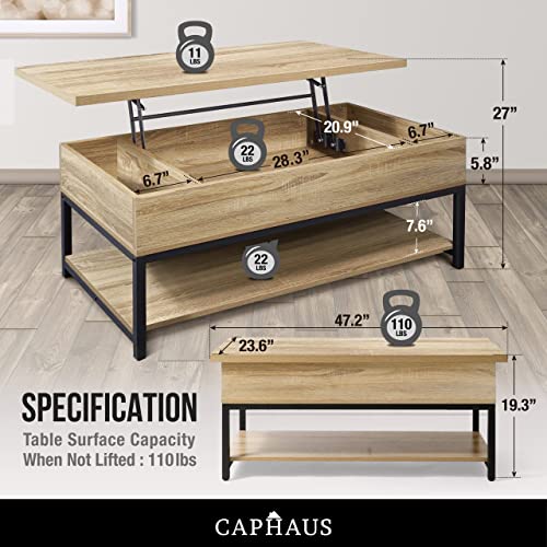 Caphaus Lift Top Coffee Table W/Storage, Coffee Table W/Bottom Open Shelf, Storage Coffee Table W/Lift Top For Living Room, Rising Top Coffee Table W/Hidden Compartment Storage, 47" Natural Oak #TOP2