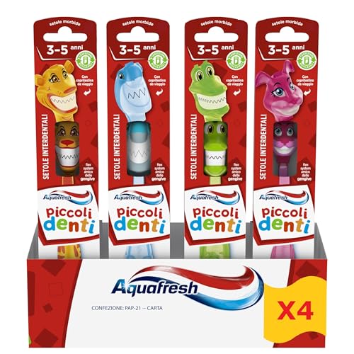 Aquafresh Piccoli Denti, Spazzolino da denti per bambini con denti da latte, per bambini da 3 a 5 anni, morbido per le gengive, confezione da 4 unità (inviate in modo casuale)