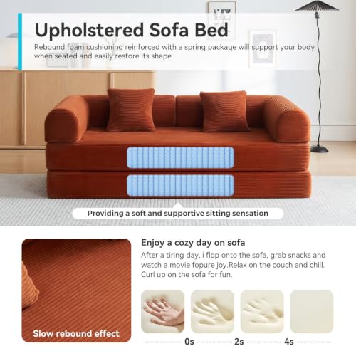 Image of Convertible Sleeper Sofa with 2 Pillow, Modern Corduroy Futon Bed, Modular Sofa with Pull-Out Bed, Love Seat Sleeper for Living Room, Small Space Apartment, Office