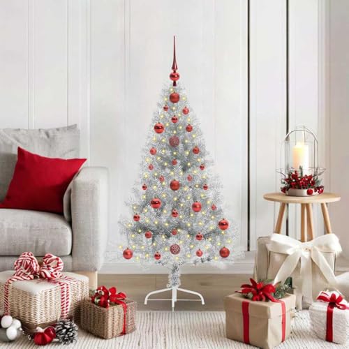 Albero di Natale artificiale pre-illuminato, argento 120 cm, con 150 LED bianco caldo, PVC, per interni ed esterni, facile da montare, decorazione festiva