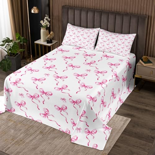 Erosebridal Cute Pink Bowknot Twin Bedspread Set, Kawaii Bow Tie Soft Quilt Set for Kids Girls Lady, Romantic Ribbon Print Coverlet Set & Bedspread for Bedroom, Girly Dreamy Princess Bedding Sets