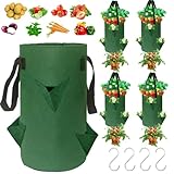 4Pack Upside Down Strawberry Planter, 3 Gallon Hanging Grow Bags for Tomato Vegetables 6 Planting Holes with 4 Hooks,Upside Down Strawberry Plant Hanger Vegetable Planting Bags for House (Dark Green)
