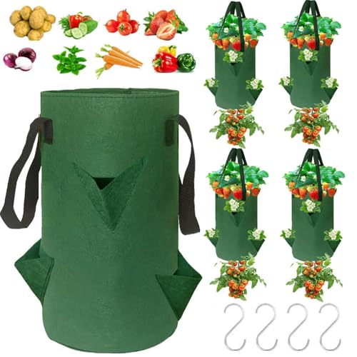 4Pack Upside Down Strawberry Planter, 3 Gallon Hanging Grow Bags for Tomato Vegetables 6 Planting Holes with 4 Hooks,Upside Down Strawberry Plant Hanger Vegetable Planting Bags for House (Dark Green)