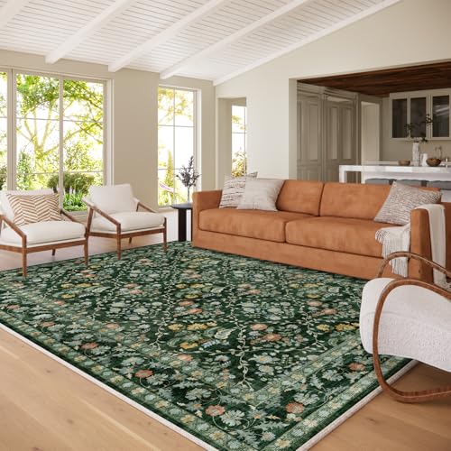 Image of Vintage Botanical Dark Green Area Rug 8x10 Elegant Floral Pattern, Durable Stain-Resistant Fabric, Perfect for Living Room, Bedroom, Dining Room Decor