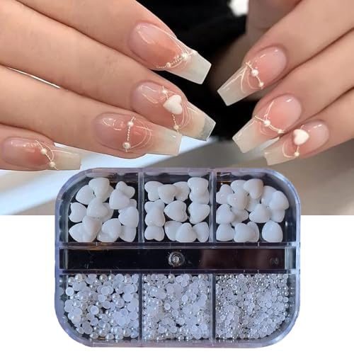 S.A.V.I White 3D Heart Nail Art Charms (5mm) & Flatback Pearls Set (2mm, 2.5mm, 3mm) – Acrylic Nail Decorations for DIY Manicure, Nail Salon, Gel Nail & Art Design Accessories