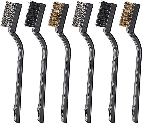 Sky Vogue Set of 6 Different Material Multipurpose Cleaning Brush Set, Hard Bristles Firm Handle Grip for Scrubbing, Removing Rust, Welding Slag (2 Steel Brush + 2 Brass Brush + 2 Nylon Brush, Black)