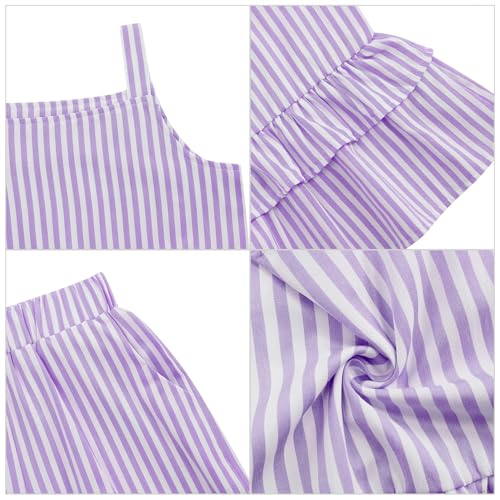 Image of Girl's 2 Piece Striped Outfits Cami Top Wide Leg Pants Ruffle Hem Summer Clothes with 2 Pockets 3-14Y