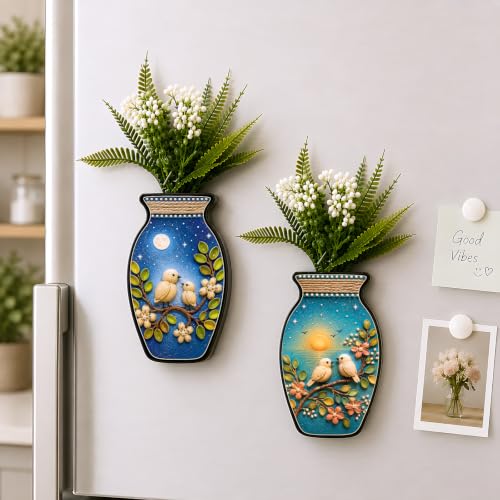 Image of Regalo Casila Magnetic Artificial Flower Vase Fridge Magnets Set of 2 Bird Floral Art Nature Inspired Decorative Refrigerator Kitchen Home Office Decor Housewarming Gift